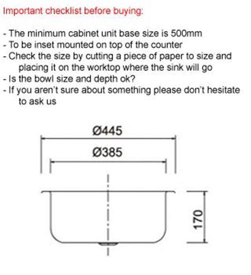 445mm Brushed Stainless Steel Round Inset Sink (M08 BS)