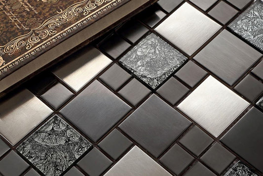 Bathroom and Kitchen tiles Black & Silver Metallic Random Mix Glass Mosaic Tile Sheet (MT0002)