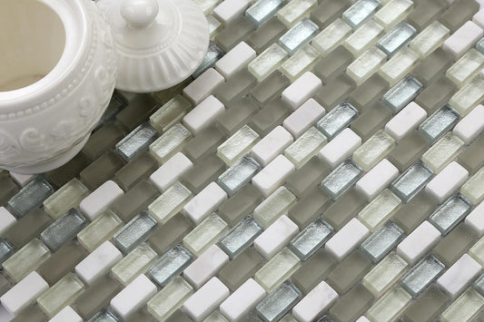 White, Grey and Silver Glass & Stone Brick Shape Mosaic Tiles (MT0124)