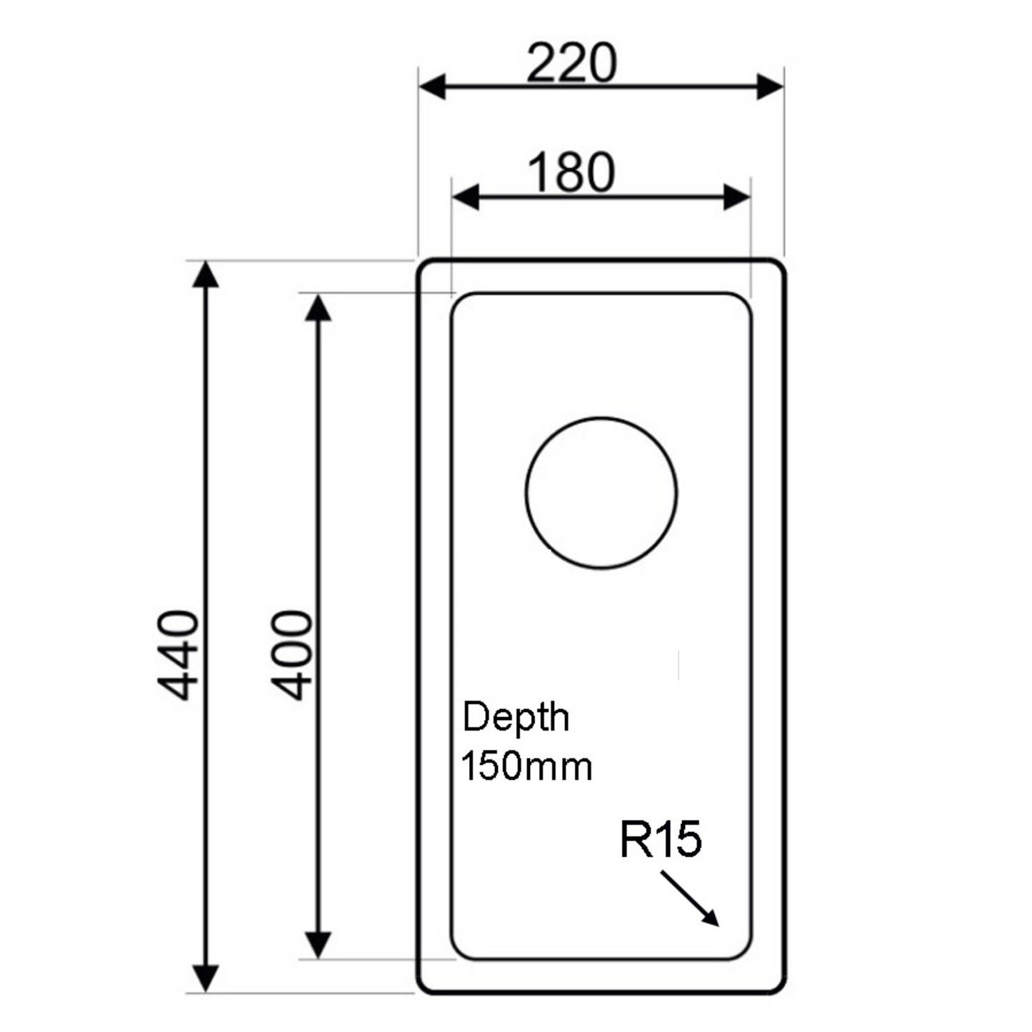 440 x 220 X 150 Undermount/Inset Deep HALF Bowl Stainless Steel Kitchen Sink ideal for campervans (TJM0038)