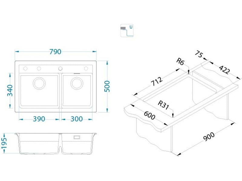 Alveus ATROX 50 Composite Inset/Undermount 2 bowl kitchen sink 790x500 Carbon or Arctic