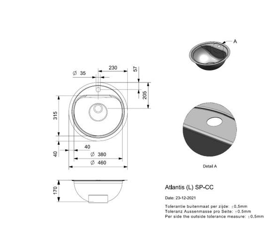 Reginox ATLANTIS SP H NOF Round Stainless Steel inset sink 460mm, no overflow