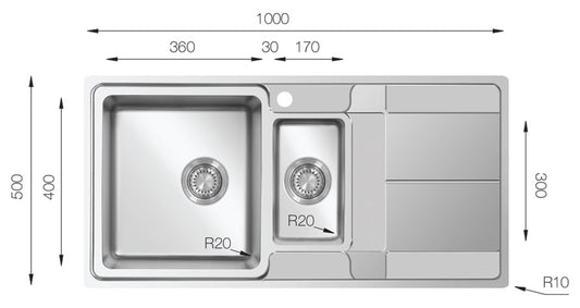 UKinox AS 1000.500.15 Polished 1.5 Bowl Stainless Steel inset kitchen sink