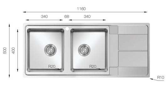 UKinox AS 1160.500.20 Polished 2 Bowl Stainless Steel inset kitchen sink