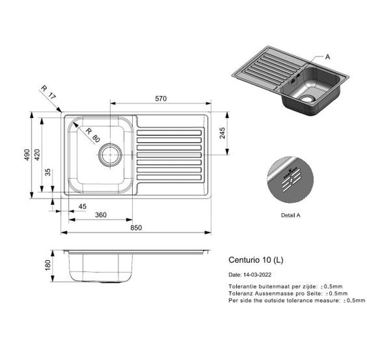 Reginox Centurio L 10 Inset 1 bowl reversible SS Kitchen Sink 850x490mm