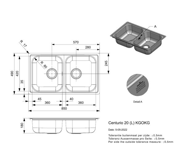 Reginox Centurio L 20 Inset/Undermount 2 bowl SS Kitchen Sink 850x490mm with tap hole
