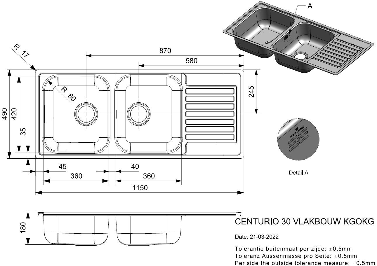Reginox CENTURIO L30 2 Bowl Reversible SS Kitchen Sink with Drainer