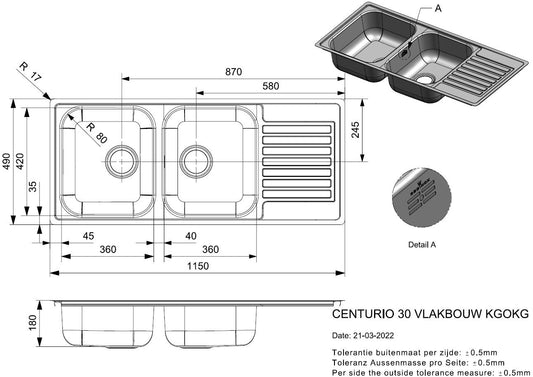 Reginox CENTURIO L30 2 Bowl Reversible SS Kitchen Sink with Drainer