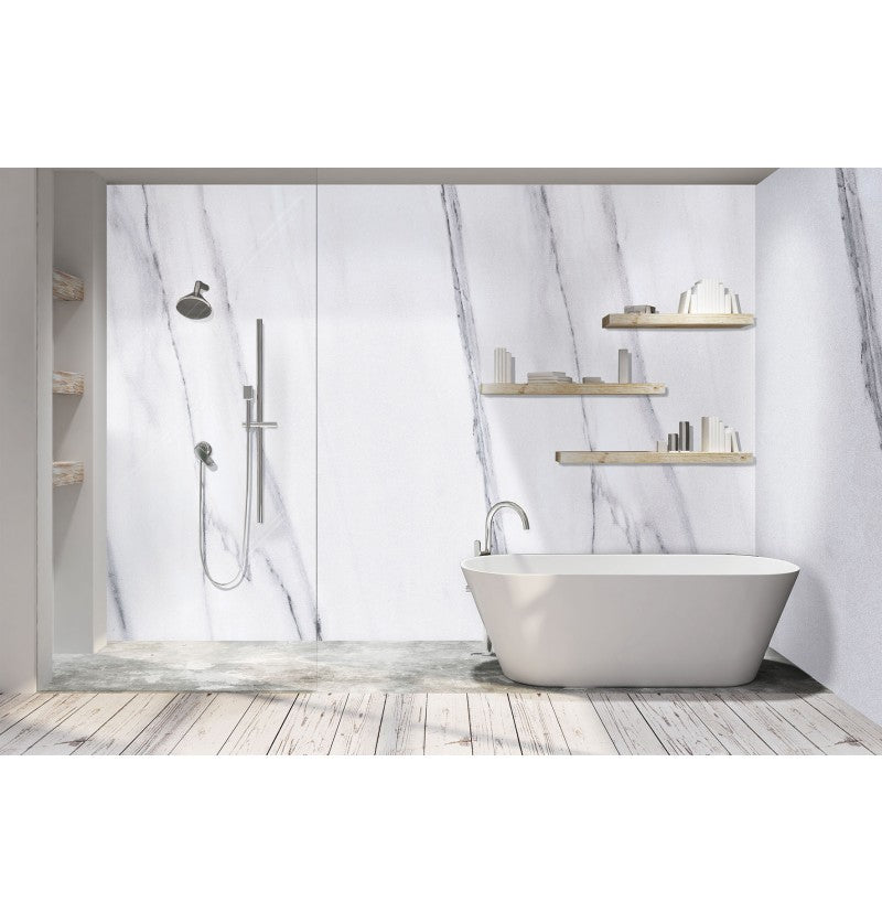 Carrara Marble Gloss Shower Panel on 9mm 100% Waterproof Solid Composite core 2400x1185