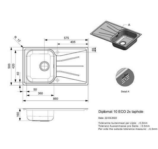 Reginox Diplomat 10 ECO SV 1 Bowl Reversible Inset SS Kitchen Sink 860x500mm
