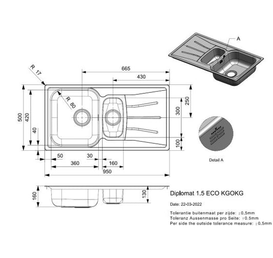 Reginox Diplomat 1.5 ECO SV Reversible Inset SS Kitchen Sink 950x500mm