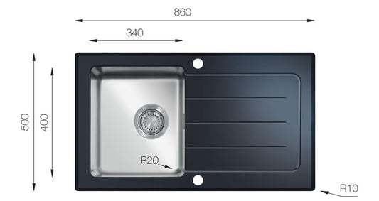 UKinox Black Glass Inset 1 bowl Reversible kitchen sink 860x500mm