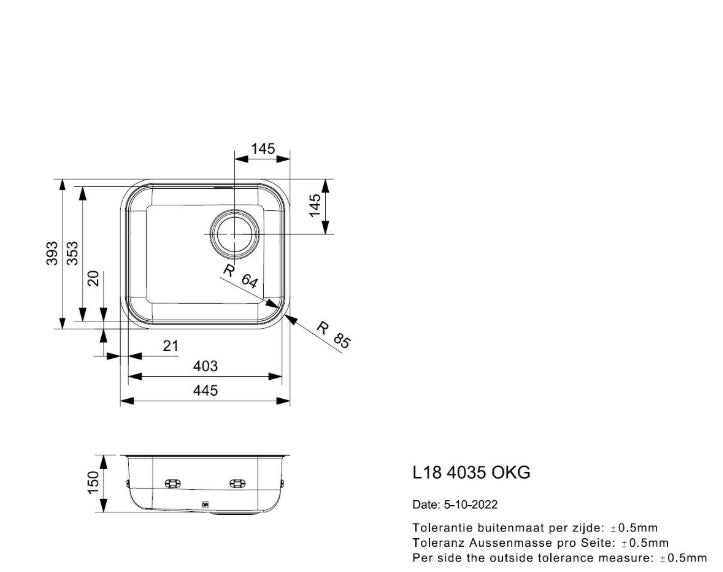 Reginox L184035KGHNOF 1 bowl inset/undermount SS kitchen sink 445x393mm, No Overflow