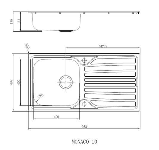 Reginox MONACO 10 Single bowl inset SS kitchen sink 963x498mm