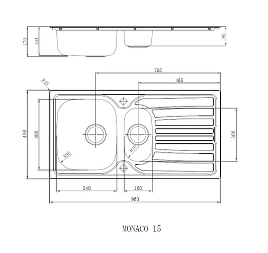 Reginox MONACO 15 1.5 bowl inset SS kitchen sink 963x498mm