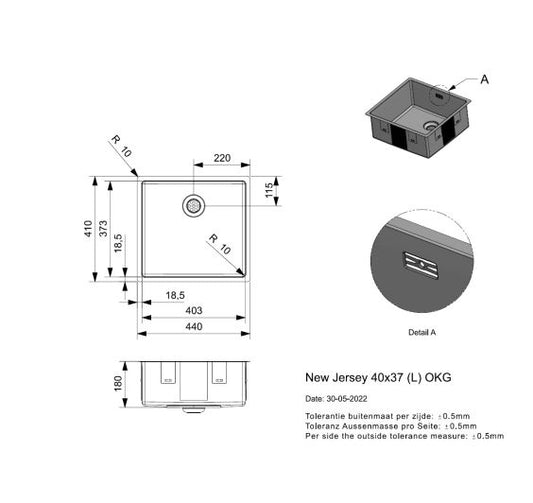 Reginox New Jersey 40x37 Inset/Undermount 1 bowl SS Kitchen Sink