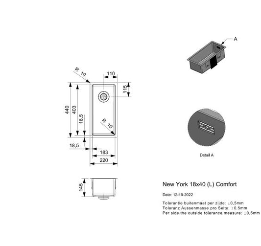 Reginox New York 18x40L Inset/Undermount 0.5 bowl SS Kitchen Sink