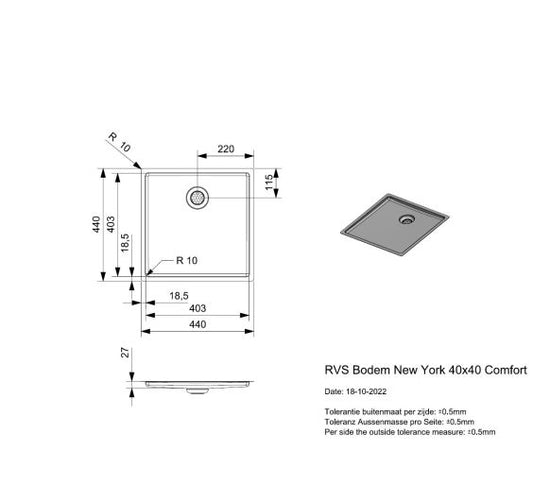 Reginox New York 40x40 BP Inset/Undermount Drainer SS Kitchen Sink