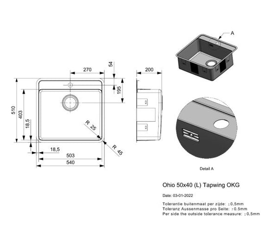 Reginox Ohio 50x40 TW Tap Wing Inset/Undermount 1 bowl SS Kitchen Sink