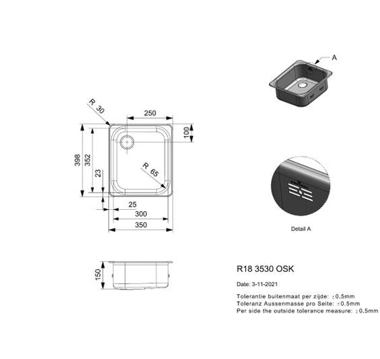 Reginox R18 3530 OSK Single bowl inset SS kitchen sink 350x398mm