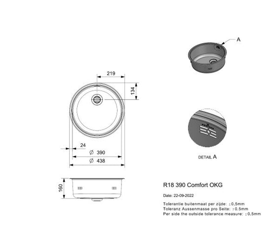 Reginox R18390 Comfort round bowl Inset SS Kitchen Sink 438mm