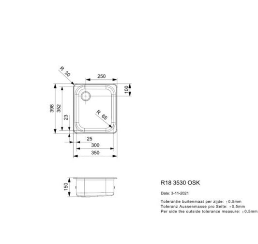Reginox R183530SPHNOF Single bowl inset SS kitchen sink 350x398mm , No Overflow