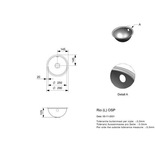 Reginox RIO 1 bowl inset/undermount SS kitchen sink 290mm