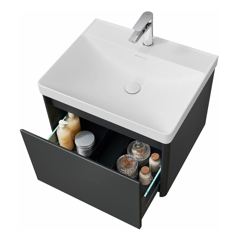Vogue Matte Grey 600mm Rigid Wall Hung Unit With Handleless LED Drawers LAQ600_GREY