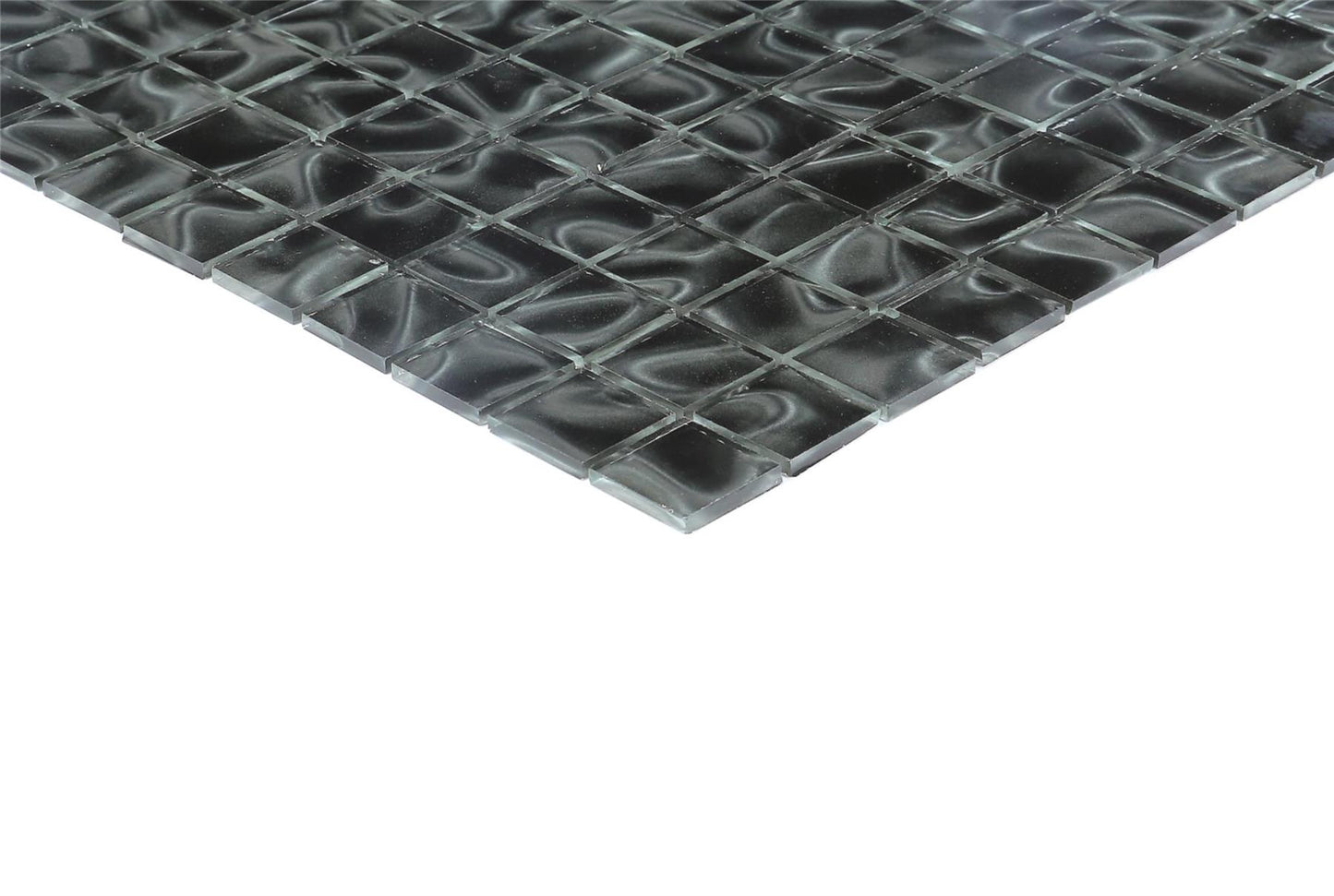 Black glass mosaic tile sheet on a white background