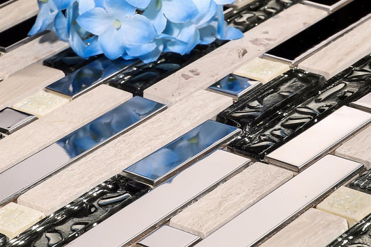 Mosaic Tiles Polished Steel, Natural Stone & Silver Glass Brick Shape (MT0146)