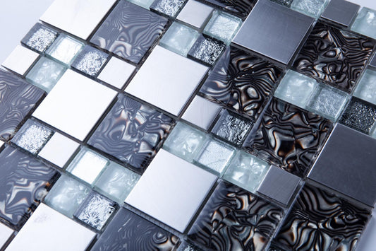 Black, White and Silver Glass & Stainless Steel Mosaic Tiles (MT0164)