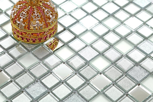 Silver Frosted, Mirror & Glitter Mix Glass Mosaic Tiles (MT0046)