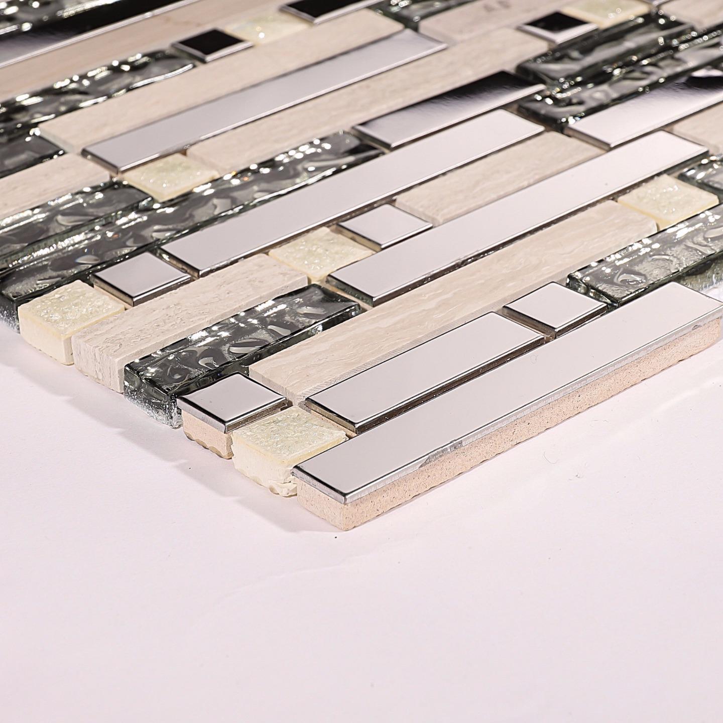 Mosaic Tiles Polished Steel, Natural Stone & Silver Glass Brick Shape (MT0146)