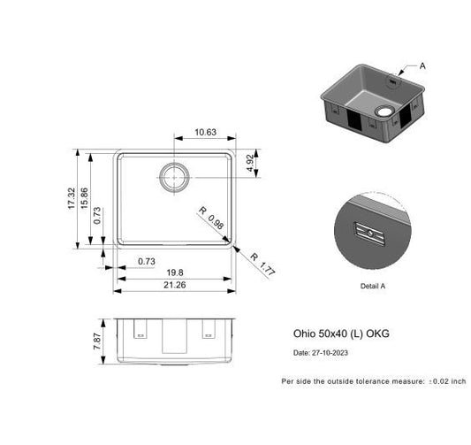 Reginox Ohio 50X40 L Inset/Undermount 1 bowl SS Kitchen Sink