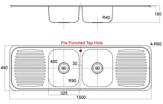 1500 x 480mm Commercial Two Bowl Double Drainer Kitchen Sink (F01)