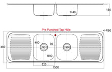 Load image into Gallery viewer, 1500 x 480mm Commercial Two Bowl Double Drainer Kitchen Sink (F01)