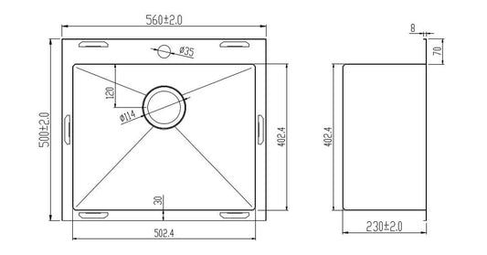560 x 500mm Inset Single Bowl Handmade Stainless Steel Kitchen Sink with Pre-punched Tap Hole and Easy Clean Corners (DS026-1)