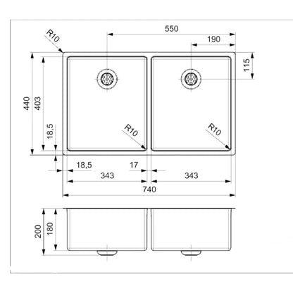 Reginox NEW YORK 34x40+34x40 Inset/Undermount 2 bowl SS Kitchen Sink
