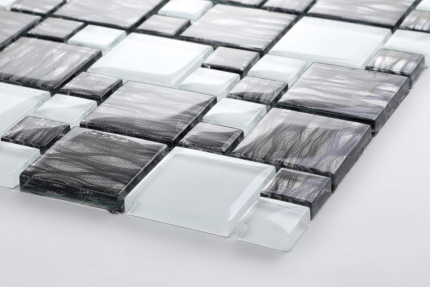 Black With Silver Backing & White Modular Mix Mosaic Tiles (MT0077)