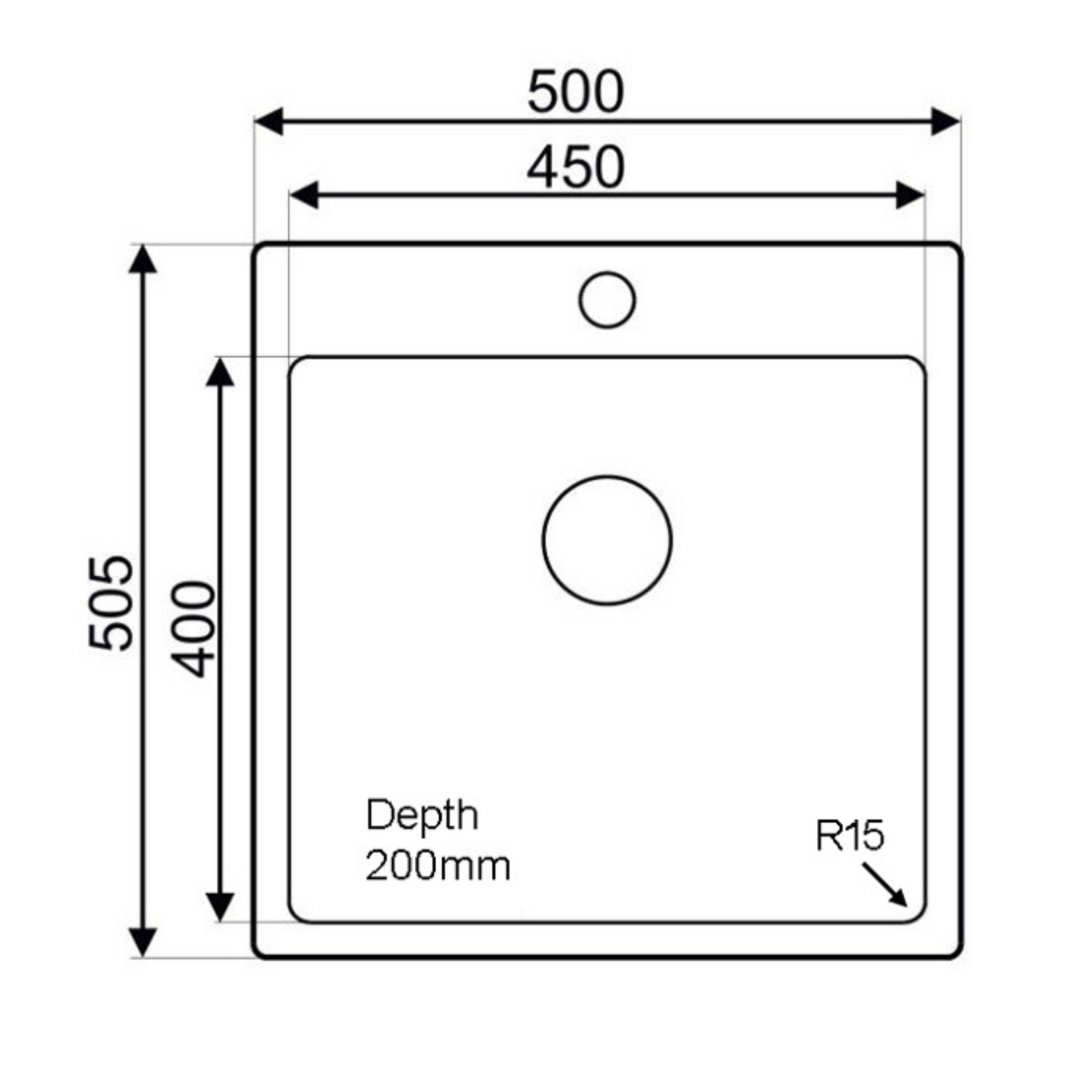 Drop-in Kitchen Sink Stainless Steel 1 Square Bowl 500 x 505 X 200 MM (TJM0039)
