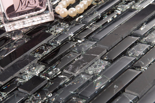 Black and Grey Glass & Black Stone Brick Shape Mosaic Tiles (MT0155)