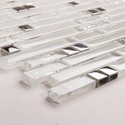 Superwhite Plain & Crackle and Silver Glass Brick Shape Mosaic Tiles (MT0139)