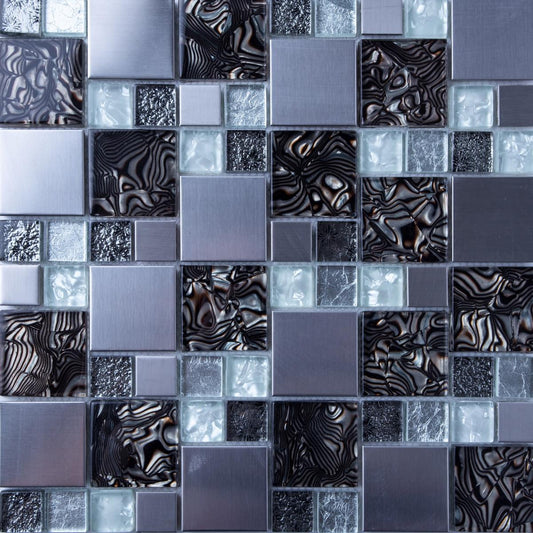 Black, White and Silver Glass & Stainless Steel Mosaic Tiles (MT0164)