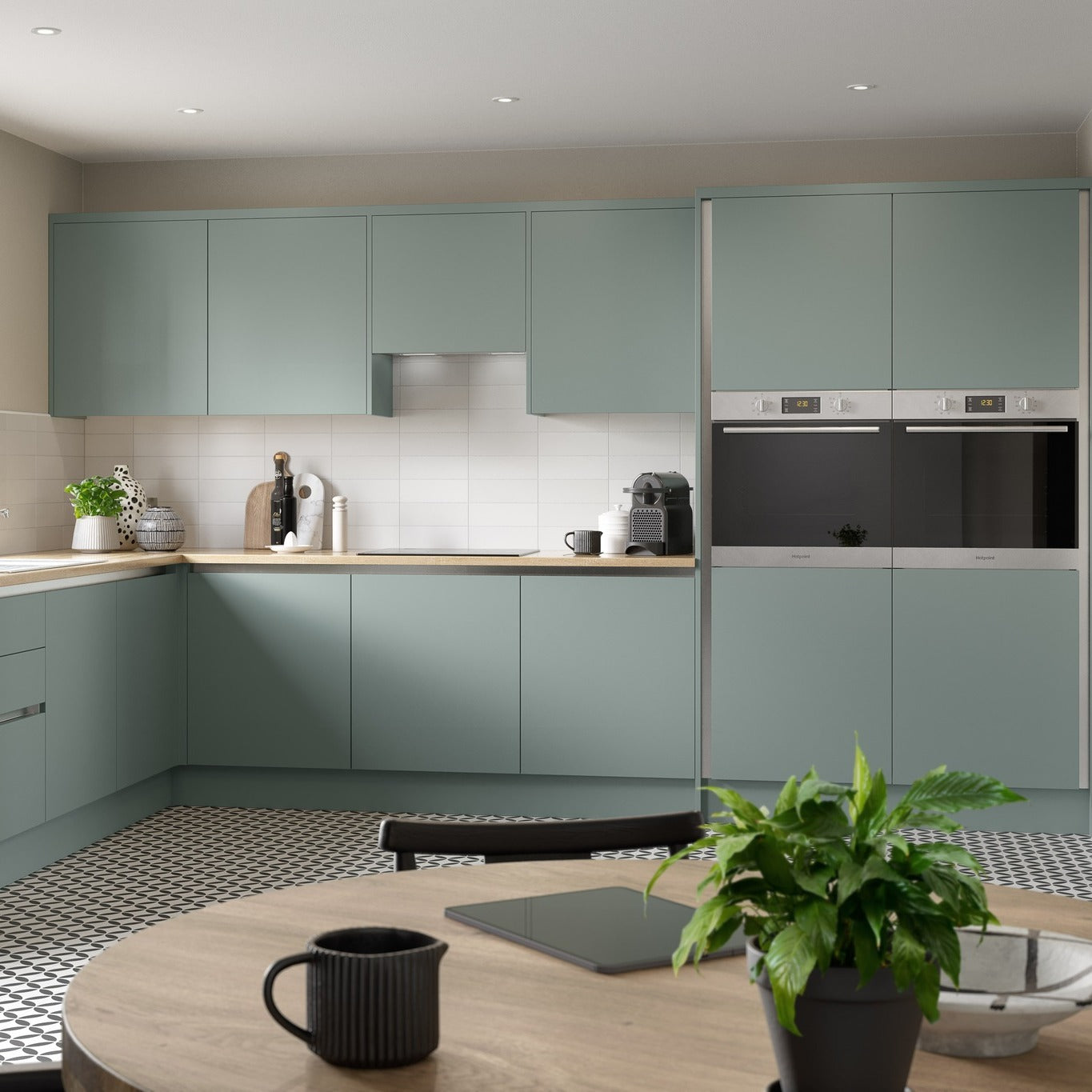 True Handleless SuperMatt Agave Green Kitchen Wall Cabinets with UNICLIC Technology, Flat packed