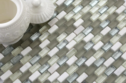 White, Grey and Silver Glass & Stone Brick Shape Mosaic Tiles (MT0124)