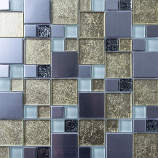 Gold & Silver Foil Glass & Brushed Stainless Steel Mosaic Tiles (MT0166)