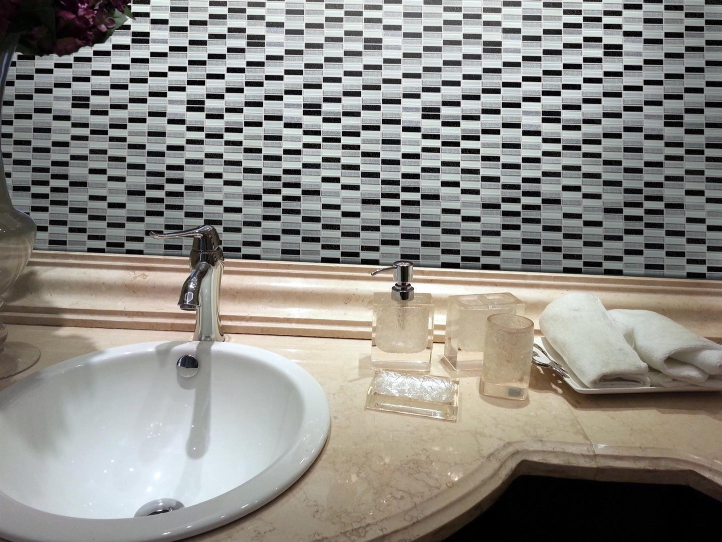 Black, Silver & White Glitter Glass Brick Mosaic Tiles (MT0028)