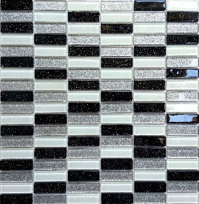 Black, Silver & White Glitter Glass Brick Mosaic Tiles (MT0028)