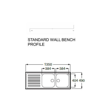 E-190 Commercial Two Bowl Single Drainer Kitchen Sink 1350X490MM (SP0097) STANDARD WALL BENCH PROFILE
