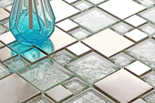 Brushed Silver Stainless Steel Modular Mix Mosaic Tiles (MT0048)